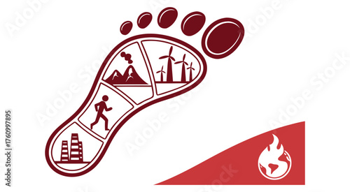 Human footprint with renewable energy and industry icons