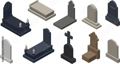 Isometric 3D tombstone collection with candles, grave monument set, funeral memorial symbols, realistic vector illustration of headstones, mourning design elements