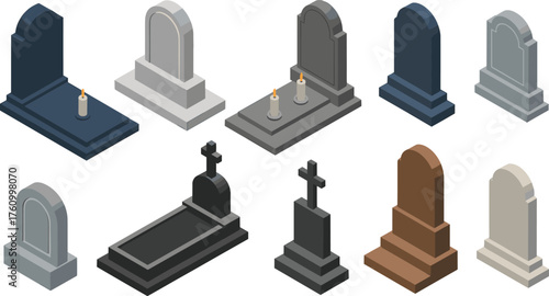 Isometric 3D tombstone collection with candles, grave monument set, funeral memorial symbols, realistic vector illustration of headstones, mourning design elements