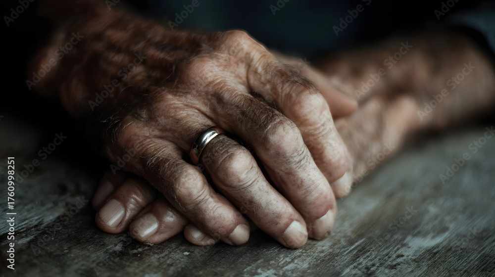 Fototapeta premium Elderly hands clasped with wedding rings on a wooden table