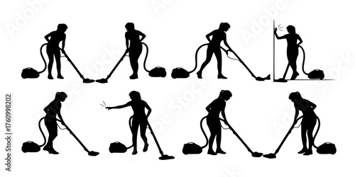 Woman vacuuming silhouette vector illustration set
