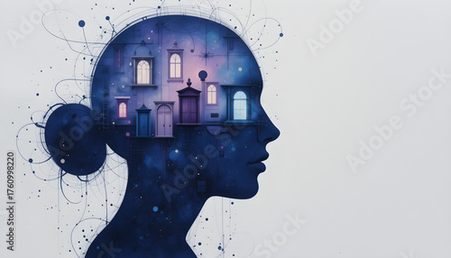 Mind Palace: Head Silhouette with Multiple Doors and Cosmic Thoughts