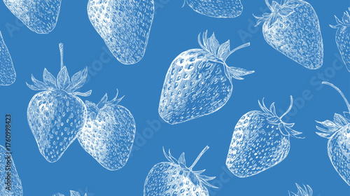 Elegant white hand-drawn strawberries on deep blue background in minimal botanical engraved vector pattern with refined vintage charm.