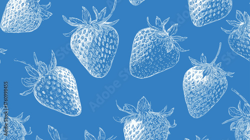 Elegant white hand-drawn strawberries on deep blue background in minimal botanical engraved vector pattern with refined vintage charm.