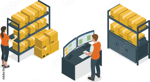 isometric digital illustration of warehouse inventory management with workers checking packages, computer system tracking, logistics, and storage organization concept