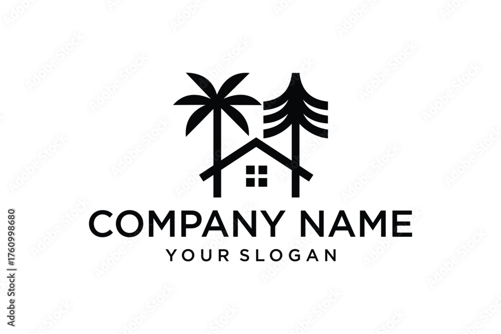 Obraz premium Minimalist House Logo with Palm and Pine Trees