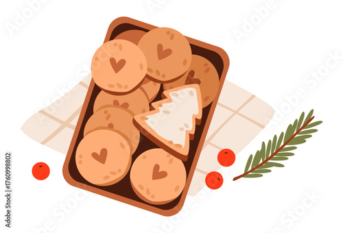 Homemade gingerbread cookies in a warm winter setting. Christmas baking. Festive sweet treat illustration.