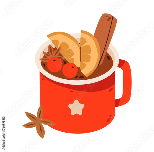 Mulled wine with cinnamon, orange, and anise. Cozy Christmas drink. Warm mug of mulled wine with seasonal spices and citrus.