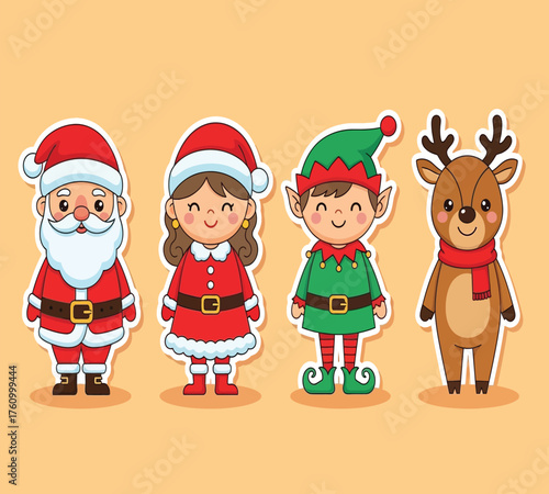 Vector art of festive christmas characters featuring santa claus, mrs claus, an elf, and a reindeer, all adorned with traditional holiday attire and set against a cheerful, light orange background, cr