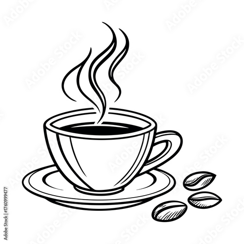Steaming Coffee Cup with Beans and Steam saucer