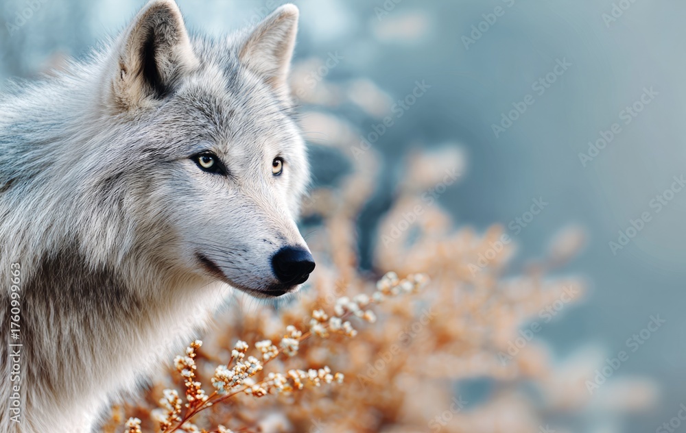 Obraz premium A gray wolf against a backdrop of dry autumn grass and flowers. Photo for a calendar, notebook cover, or album.