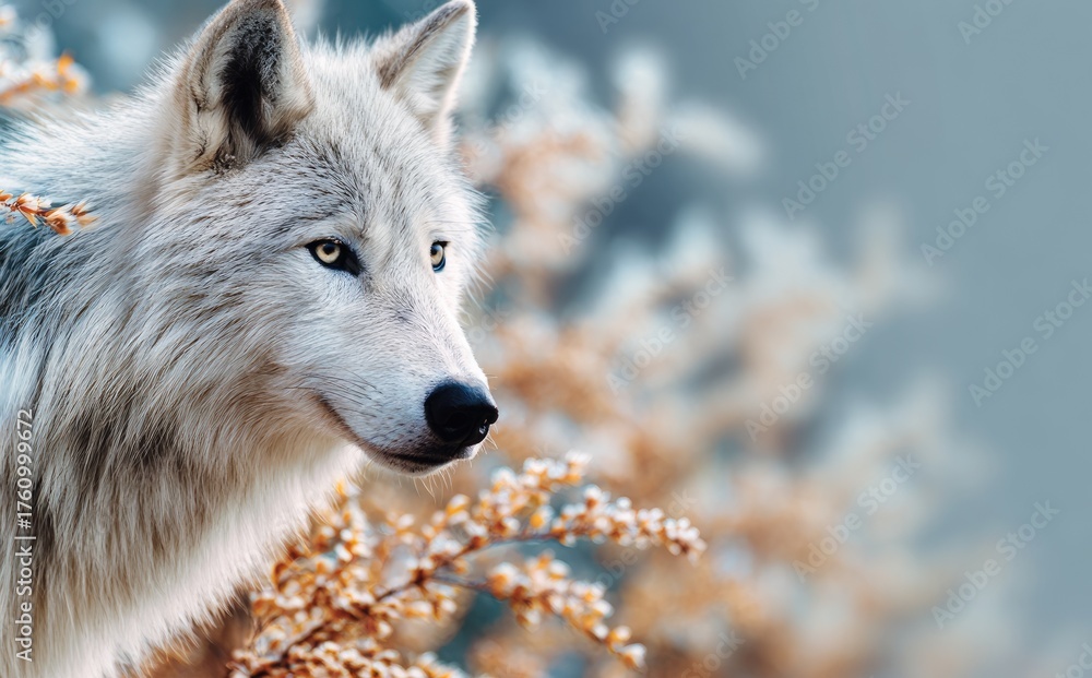 Naklejka premium A gray wolf against a backdrop of dry autumn grass and flowers. Photo for a calendar, notebook cover, or album.