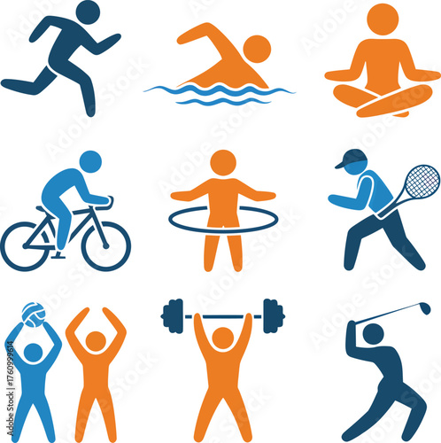A vibrant collection of minimalist vector icons illustrating various sports and fitness activities for health and active lifestyle designs