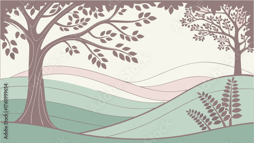 Stylized Landscape with Rolling Hills and Trees Keywords: landscape, nature, hills, rolling