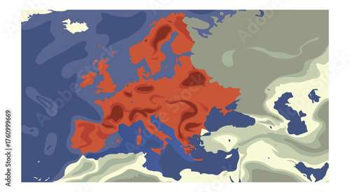 Stylized map of Europe with red and blue regions geography