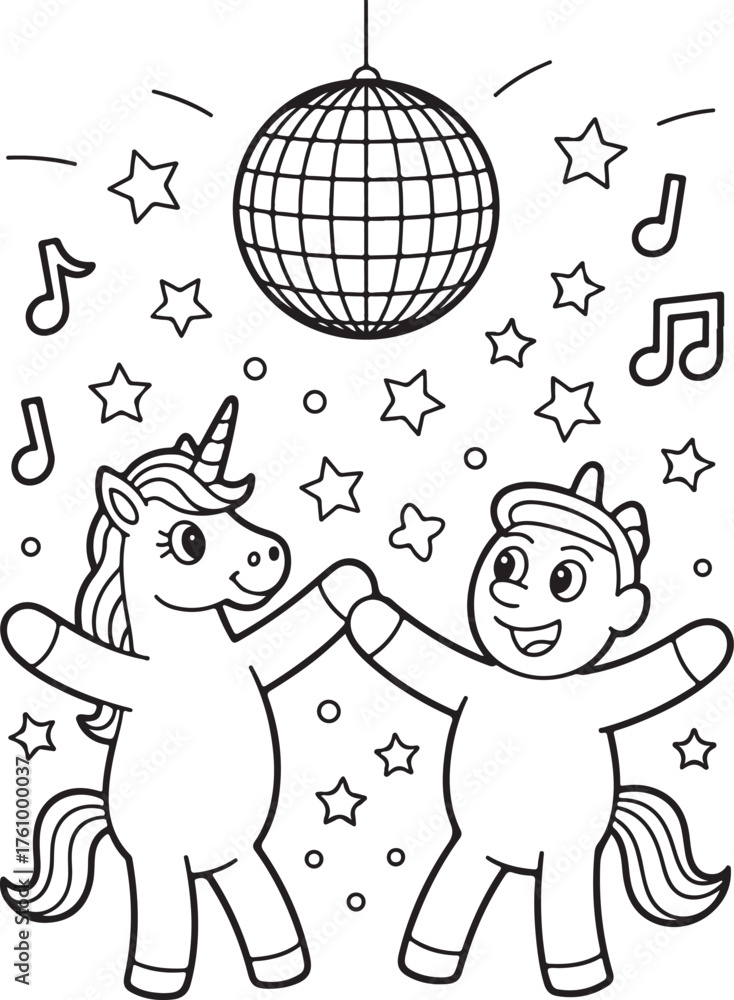 Naklejka premium Smiling Unicorn and Boy Dancing Under Disco Ball Surrounded Stars