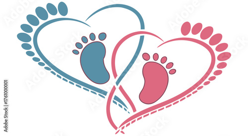 Two intertwined hearts made of footprints in blue and pink