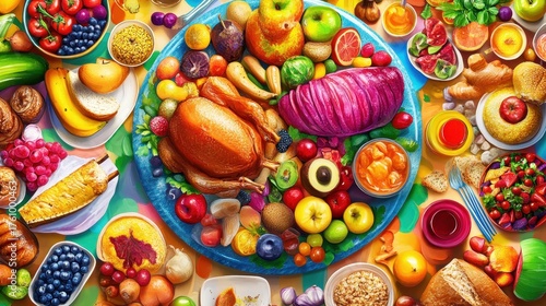 A large vibrant platter filled with delicious global cuisine
