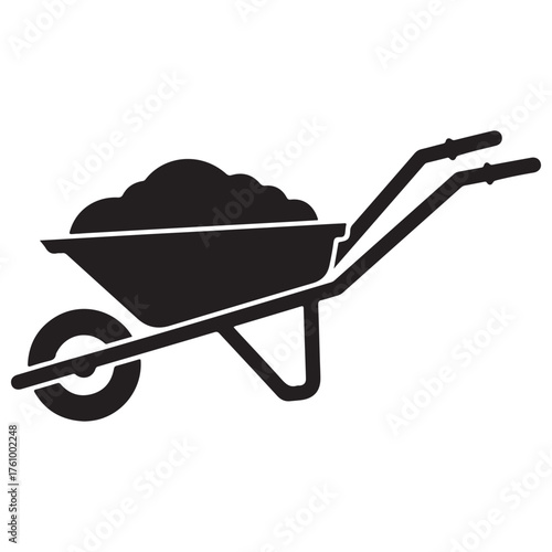 Black Silhouette Wheelbarrow Icon with Dirt on White Background