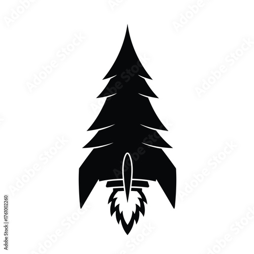 Black silhouette of a pine tree shaped like a rocket with flames