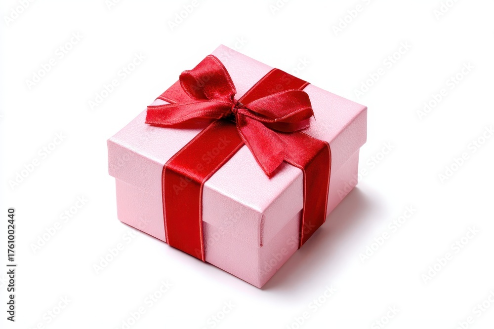 Obraz premium Gift box. One pink colored present box tied a red velvet ribbon and bow. Joy, anticipation of receiving presents. Single 3D Giftbox neat isolated white backdrop. Distinctive festive Christmas gifts.