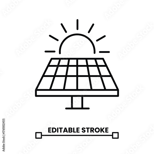 solar panel with sun  editable stroke line icon vector illustration