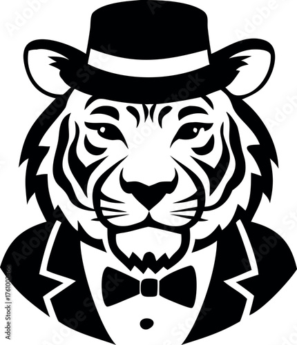 Stylish tiger in tuxedo and fedora with confident expression Line Art Vector illustration