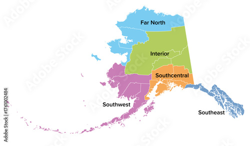 State of Alaska, regions, United States, multi colored political map. Far North or Arctic Alaska, Interior, Southwest with the Aleutian Islands, Southcentral, and Southeast or Alaska Panhandle. Vector