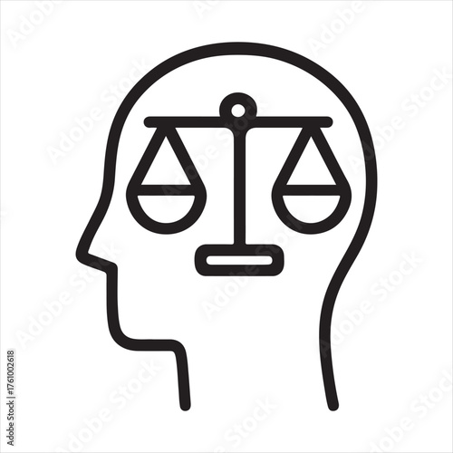 Symbolic illustration of a human head profile with scales of justice inside representing ethical decision making and moral judgment