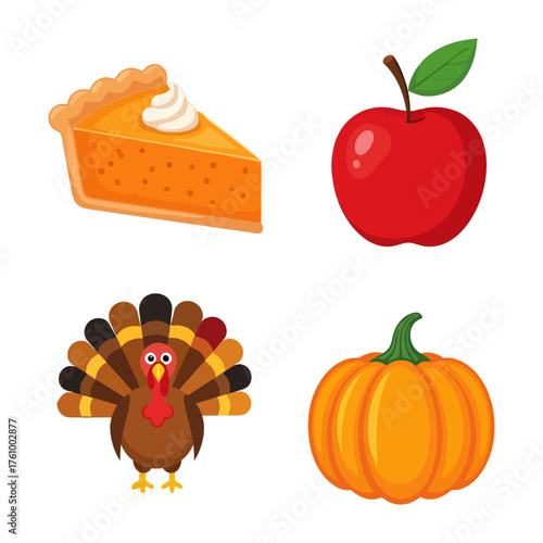 A festive collection of colorful vector icons for the autumn season and Thanksgiving holiday, featuring a turkey, pumpkin, apple, and pie