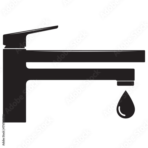 Black Silhouette Faucet Dripping Water Droplet Icon on White Background