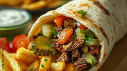Close up of a fresh Lebanese shawarma wrap filled with beef