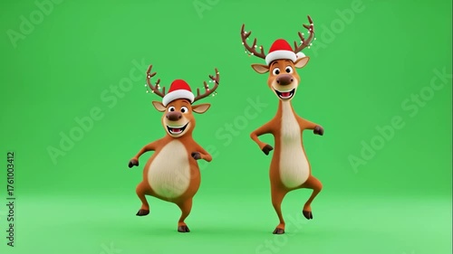 Animated Reindeer Duo Dancing on Green Screen - This video features two cheerful, animated reindeer wearing Santa hats and Christmas lights on their antlers, dancing against a vibrant green screen