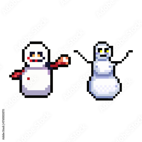 set of 8 bit style pixel art snowman character sprites with a spooky twist. This collection includes two menacing snowmen one chubby version holding a snowball with a mischievous grin
