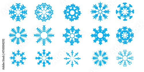 Set of snowflakes linear vector icon. Geometric snowflake shape, nature and winter related vector symbol hand drawn contour collection. Line art illustration design for logo, sticker, christmas.