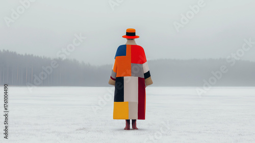Colorful surreal fashion portrait of person in geometric patchwork coat and hat standing in snowy minimal landscape for creative campaigns