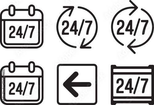24/7 Service Icons Silhouette Set Vector Illustration Representing Customer Support and Business Concept
