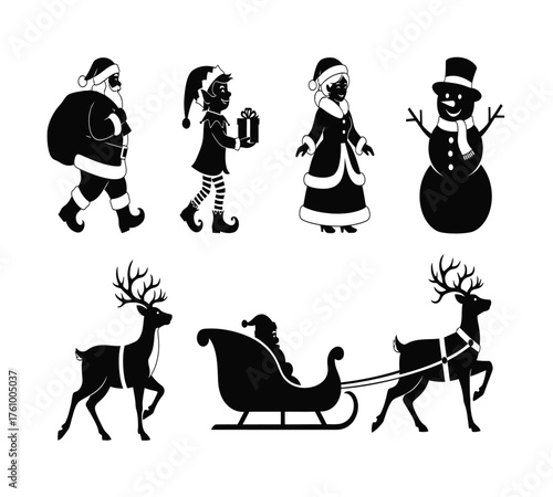 Vector art of silhouette christmas characters featuring santa claus, elf, mrs claus, snowman, reindeer, and sleigh, perfect for creating elegant and minimalist holiday designs