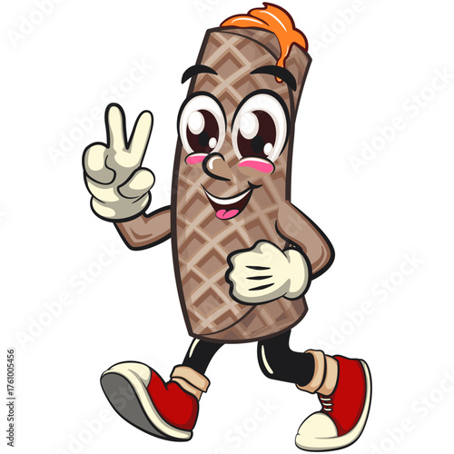 wafer roll snack mascot cartoon giving peace sign, character vector clipart of sweet crunchy dessert food for bakery and cafe branding, work of hand drawn