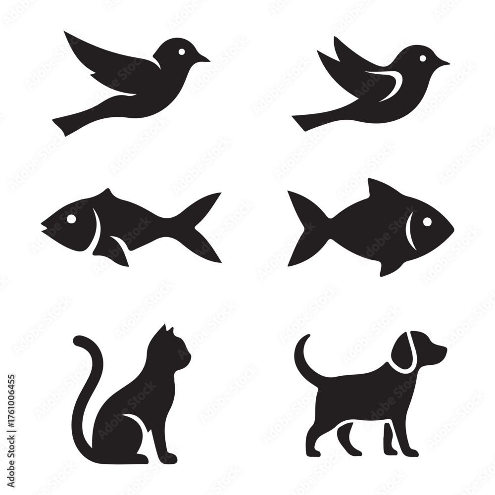 Obraz premium Set and bundle silhouette art vector design vector art of silhouette icons of flying birds, swimming fish, a sitting cat, and a standing dog, showcasing diverse animal representations