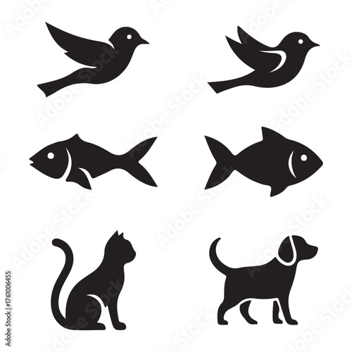 Set and bundle silhouette art vector design vector art of silhouette icons of flying birds, swimming fish, a sitting cat, and a standing dog, showcasing diverse animal representations