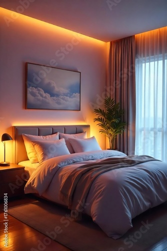Serene Bedroom Soft Ambient Lighting Creates a Calming Atmosphere Perfect for Relaxation and Peaceful Sleep