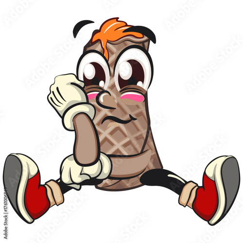 funny cute wafer stick biscuit mascot character sad because of being bitten, cartoon vector illustration for dessert and bakery design, work of hand drawn