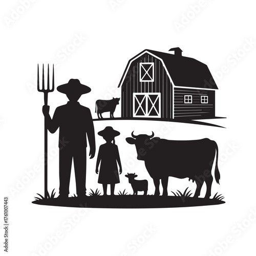 Vector art of silhouette of a farmer and child with farm animals and barn