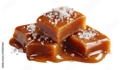 Stacked caramel squares, glistening with melted caramel, sprinkled with sea salt