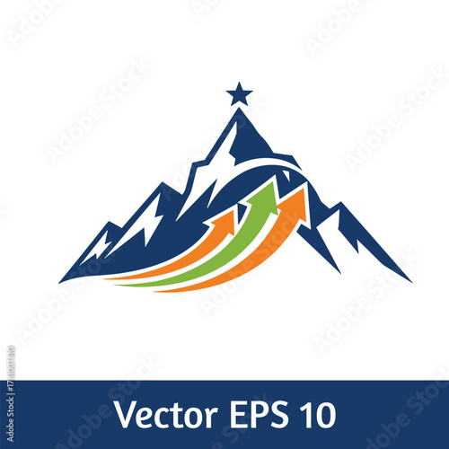 Blue mountain peak with star and orange green arrows pointing upwards vector