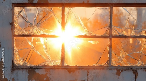 Shattered glass window with bright sunlight shining through