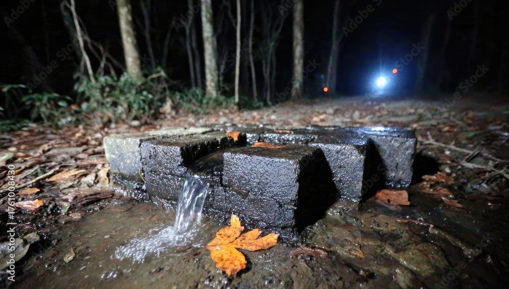 Obraz premium Water flows from a stone structure on a forest path at night.