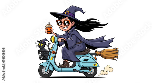 A cheerful cartoon witch with a black cat on a broomstick scooter rides through a spooky Halloween night