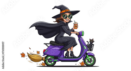 Whimsical illustration of a stylish witch on a vibrant purple scooter, enjoying an autumnal ride with her black cat, featuring a trail of falling leaves and a seasonal drink